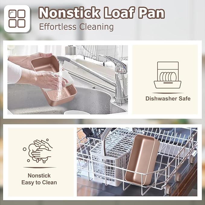 LIANYU Loaf Pans for Bread Baking, 9×5 Inch Stainless Steel Loaf Bread Tins, Non-Stick Baking Pans for Homemade Banana Sandwich Sourdough, Healthy & Sturdy, Set of 6, Rose Gold