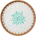14" Large Rattan Serving Tray with Mother of Pearl, Round Coffee Table Tray Decor, Boho Decorative Hand-Woven Wicker Home Decor (Summer Green)