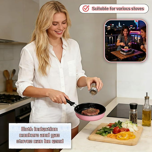 4.7 Inch Mini Frying Pan, Black Non-Stick Egg Pan with Hanging Hole, Flat Bottom Design for Gas, Induction, Electric Stove, Perfect for Single Serve Breakfast, Omelets & Camping, RV Use (Pink)