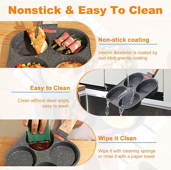 4-Cup Egg Pan Nonstick, Healthy Aluminum Omelette Pan, Breakfast Omelette Skillet for Fried Eggs Cooker, Pancakes, Suitable for Gas Stove & Induction Cookware