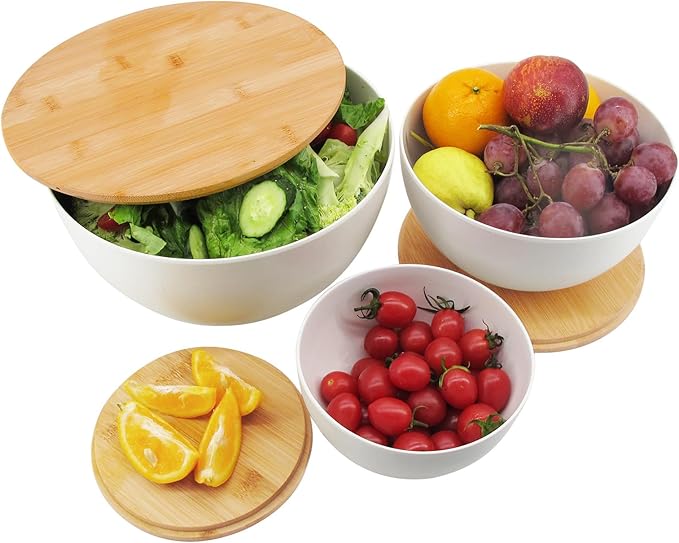 ECOWAY Salad Bowl Set of 3 with Bamboo Wooden Lids, Mixing Bowls Set, Nesting Bowls for Space Saving Storage, Made with Durable Eco-Friendly Bamboo Fiber, Great for Prepping and Serving Food, White