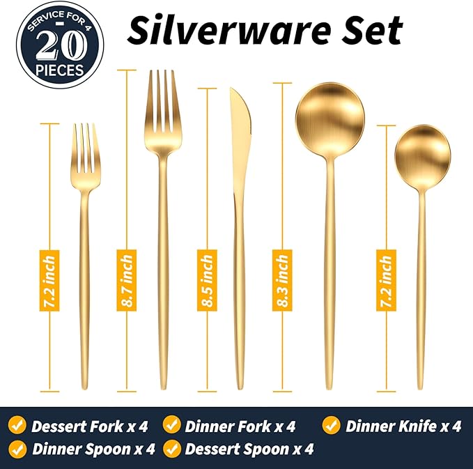 20-Piece Gold Silverware Set for 4, 18/10 Stainless Steel Flatware with Thick Spoons and Forks, Matte Golden Cutlery, Eating Kitchen Utensils for Home Restaurant Wedding, Dishwasher Safe