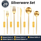 20-Piece Gold Silverware Set for 4, 18/10 Stainless Steel Flatware with Thick Spoons and Forks, Matte Golden Cutlery, Eating Kitchen Utensils for Home Restaurant Wedding, Dishwasher Safe