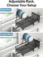 GSlife 2 Tier Dish Drying Rack with Drainboard, Expandable Large Dish Drainer for Kitchen Counter, Rust Resistant Dish Drainer with Cup Holder & Utensil Holder, 12.6" W x 18.7"-25.2" L, Black