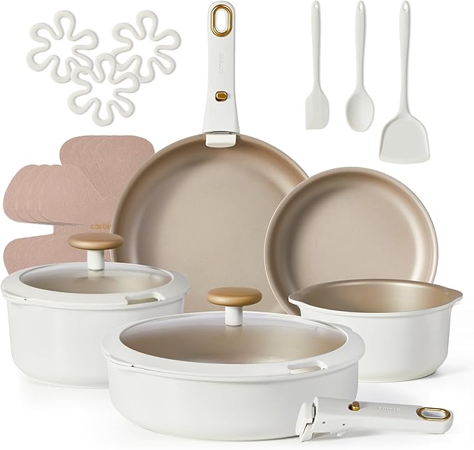 CAROTE 19Pcs Titanium Reinforced Nonstick Pots and Pans Set, Nonstick Cookware Set with Detachable Handle, Gold-Trimmed Cookware Sets, Removable Handles, Induction, Dishwasher Safe, Oven Safe, White