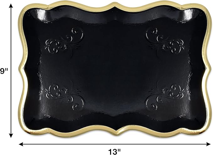 Gift Boutique 10 Black Rectangle Trays with Gold Rim Border for Dessert Display Table Parties 9" X 13" Disposable Paper Cardboard for Platters Cupcake Displays Birthday Party Weddings Food Safe