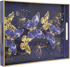 MAONAME Rectangular Decorative Tray, Butterfly Plastic Serving Tray with Handles, Modern Blue Trays for Ottoman, Coffee Table Trays for Living Room, Home Decor, 15.8" x 11.8" x 1.6"