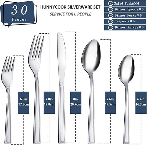 30-Piece Silverware Set - Flatware Stainless Steel Silverware Set for 6, Include Spoons and Forks Set, Mirror Polished, Dishwasher Safe, Cutlery Set for Home Kitchen Restaurant Hotel
