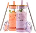 Pandaloo® Glass Cups With Lids and Straws -20 Fl Oz- Perfect Size Iced Coffee Cup - Smoothie Cup With Bamboo Lid and On the go Lid - Glass Tumbler (2 Count (Pack of 1), Peach Fuzz-Lilac Rhapsody)