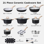 CAROTE 21pcs Pots and Pans Set Nonstick, Cookware Set Black Induction Kitchen Cooking Set w/Frying Pans & Saucepans(PFOS, PFOA Free)