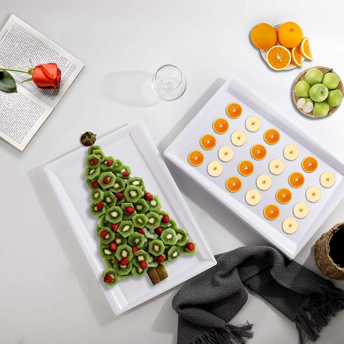 I00000 8 Pack White Plastic Serving Tray, 15" x 10" Rectangle Food Trays, Disposable Serving Platter for Parties, Internal Inclined Design Perfect for Weddings and Party
