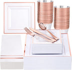 Festiva 350Pcs Rose Gold Plates and Napkins Party Supplies-Square White and Rose Gold Disposable Dinnerware include Plates Cups Cutlery Napkins for 50 Guests Wedding &Mother's Day&Birthday Party