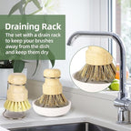 DEBETOOL Bamboo Dish Brush Set with Holder - Natural Dish Scrub Brush for Cleaning Dishes, Fast Dry Design Kitchen Dish Brush for Sinks & Pots