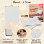 130-Pack Precut Parchment Paper Sheets | 12x12 Inch White Baking Paper | Heavy Duty Non-Stick Liners for Oven, Air Fryer, Grill & Steaming | Perfect for Baking, Cooking, Wrapping Food