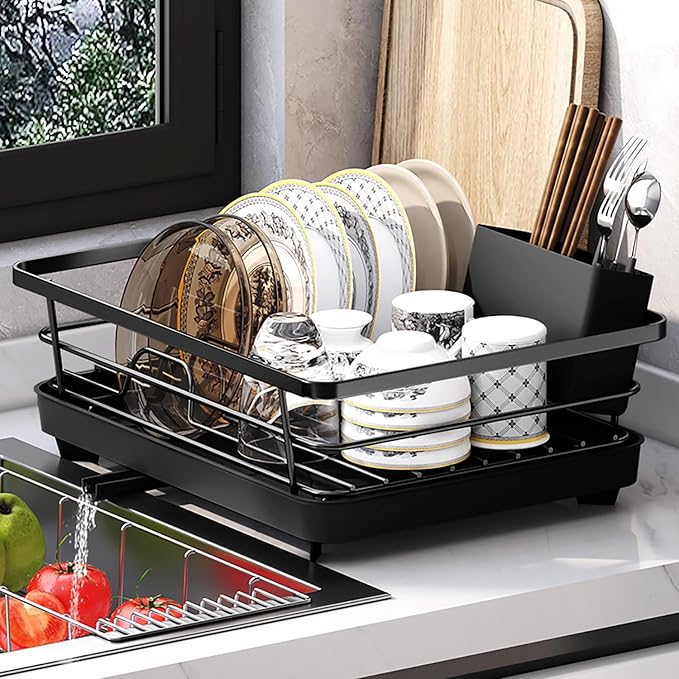 Dish Drying Rack, Dish Racks for Kitchen Counter, Large Capacity Dish Drainers with Cutlery Holder, Kitchen Organizer for Dishes, Spoons and Forks, Black