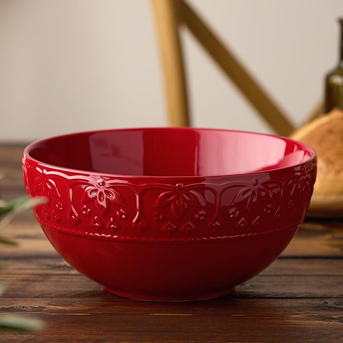 Provence Embossed Deep Bowl 10.5" – Extra-Large 158 oz Vintage French Country Style Stoneware Bowl – Rustic Floral Embossed Design – Serveware for Pasta, Salad, Fruit