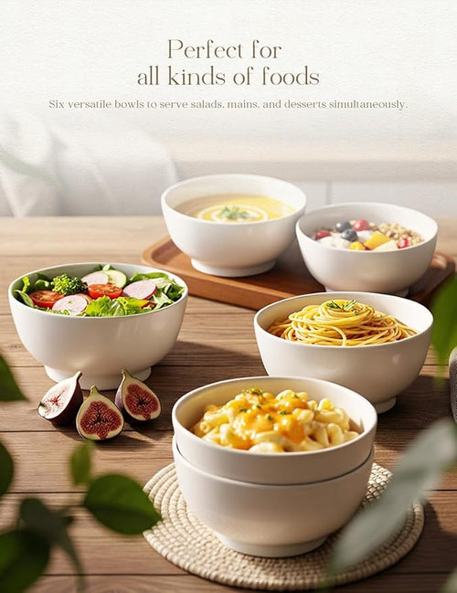 AISBUGUR Ceramic Bowls Set of 6-26OZ Deep Soup Bowls Salad Bowls for Kitchen Microwave & Dishwasher Safe - White Serving Bowls for Cereal, Soup, Pasta, Dessert