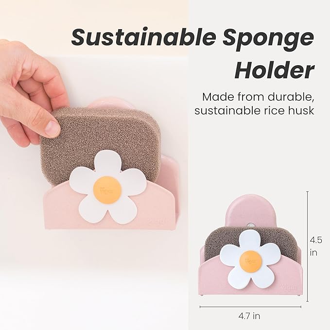 Vigar Florganic Daisy Sponge Holder for Kitchen Sink with Suction Cup and Sponge, Sink Caddy, Kitchen Organizers and Storage for Kitchen Sinks, Pink