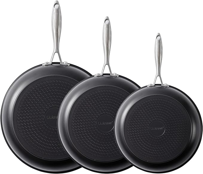 UUKRAVE Ceramic Nonstick Skillets Set (8"/9.5"/11") - Omelette Pans & Egg Pan for Healthy Cooking, Stay-Cool Handle, PFAS/PFOA/PTFE-Free, Oven/Dishwasher Safe for Busy Kitchen, Stackable, Black