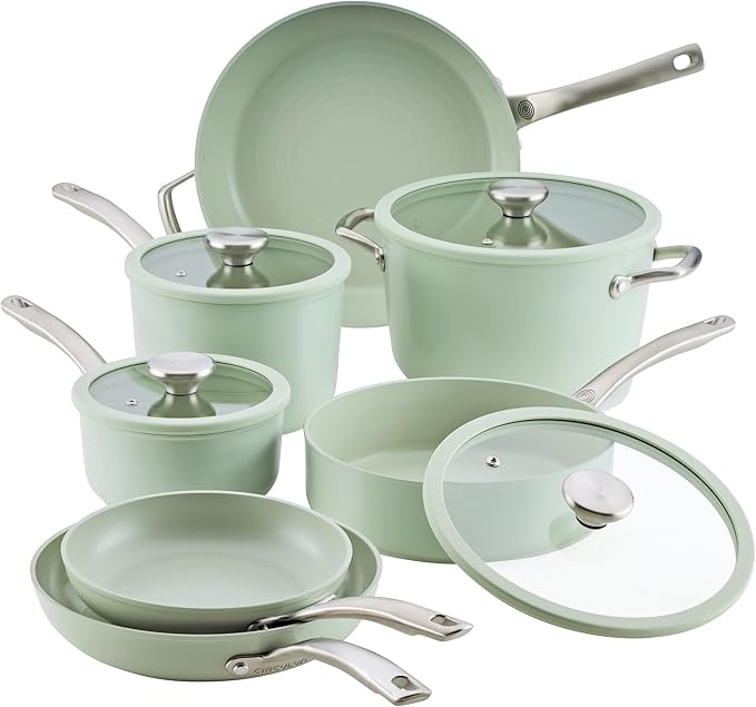 Circulon Halo with LaserDefense Ceramic Nonstick Pots and Pans with Lids, Made without PFAS, Compatible with All Stovetops, Dishwasher and Oven Safe, 11 Piece Cookware Set - Sage