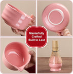 YOLIFE 7 Pcs Matcha Whisk Set, Includes Matcha Bowl with Spout, Bamboo Whisk (Chasen) with Ceramic Holder, Scoop and Powder Spoon, Sifter, Matcha Kit for Ceremony (Pink)