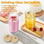 sungwoo 2PCS Glass Cups with Bamboo Lids and Straws, 16OZ Ice Coffee Cup, Drinking Cup set with Wooden Lids, Home Essential Glass Tumblers for Beer, Cocktail, Tea and Latte Clear