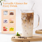 GOSCHE Glass Cups with Lids and Straws, Glass Tumbler with Handle for Iced Coffee, Tea, Juice, Smoothies, 24oz Drinking Cup with Plastic Lid for Hot & Cold Beverages, 2 Pcs