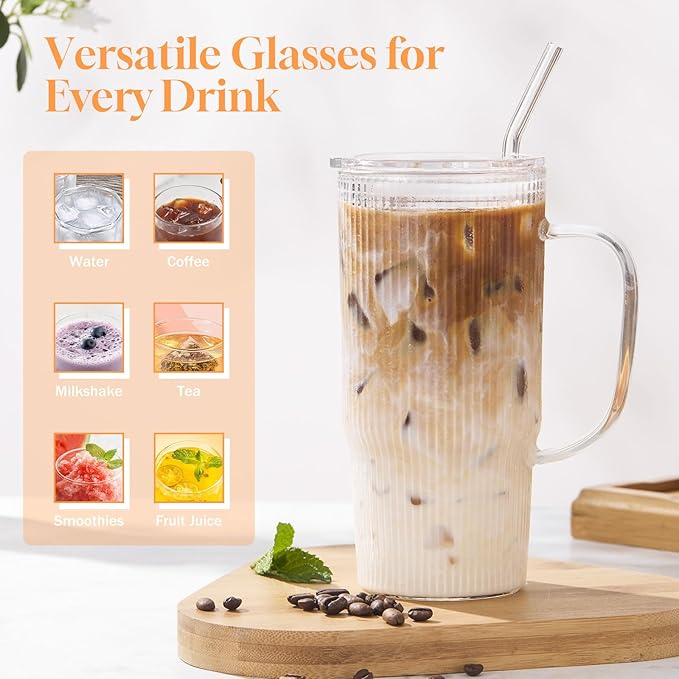 GOSCHE Glass Cups with Lids and Straws, Glass Tumbler with Handle for Iced Coffee, Tea, Juice, Smoothies, 24oz Drinking Cup with Plastic Lid for Hot & Cold Beverages, 2 Pcs