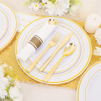 DaYammi 350PCS Gold Plastic Dinnerware Set for 50 Guests, Fancy Disposable Plates for Party, Include: 50 Dinner Plates, 50 Dessert Plates, 50 Pre Rolled Napkins with Gold Silverware, 50 Cups