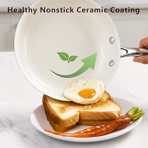 8" Ceramic Frying Pan Nonstick, Small Skillet, Cooking Pan Non Toxic with Stay Cool Handle for Induction, Chef's Pan, PTFE & PFAS & PFOA Free, Dishwasher/Oven Safe, White