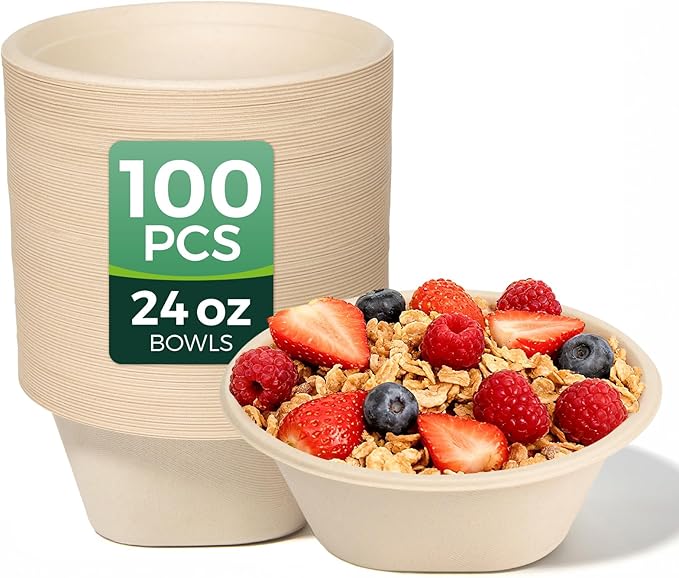24 OZ Heavy Duty Disposable Bowls - Eco-friendly Sugarcane Bagasse - Biodegradable and Compostable - Ideal for Cereal, Rice, French Fries [100 Pack]