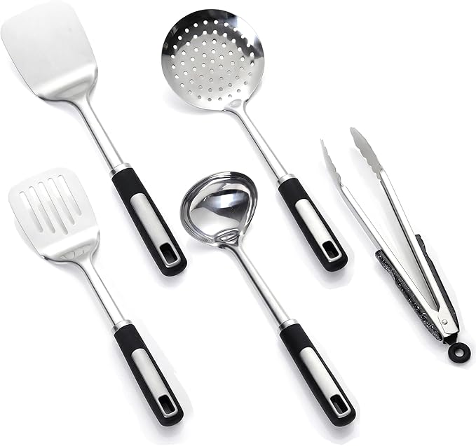 Stainless Cooking Utensils,Heavy-Duty Thickened Cooking Utensils,Kitchen Tools Include Solid & Slotted Spatula,Soup Ladle,Egg Whisk,Tongs,Skimmers