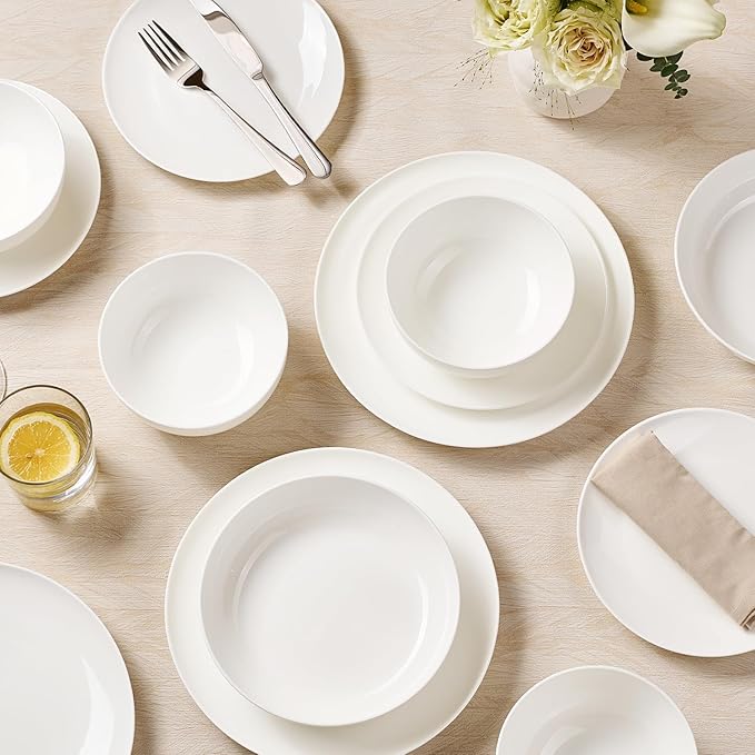 KINGSTONE 16-Piece Bone China Dinnerware Sets for 4, Lightweight Porcelain Dish Serving Plates and Bowls Sets, Durable Scratch Resistant Dinner Set, Microwave & Dishwasher Safe, Ivory White