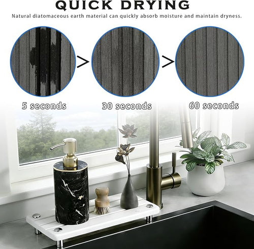 2PCS Instant Dry Sink Caddy for Bathroom Counter, Durable Kitchen Sink Organizer, Diatomite Stone Drying Tray, Upgrade Water Absorbing Stone Tray for Sink, Anti-Slip Stone Soap Tray -White