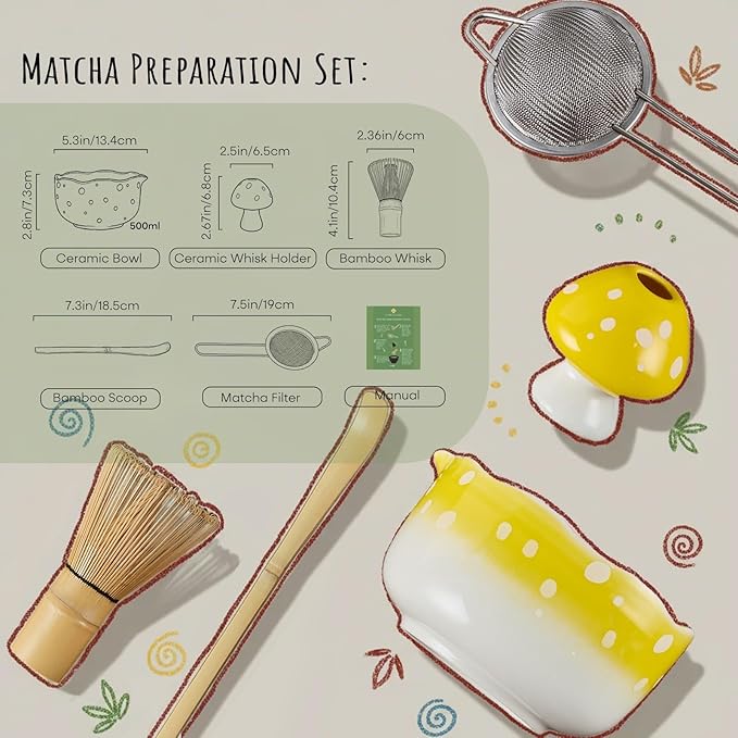 Matcha Whisk Making Kit Set With Mushroom Design Ceramic Bowl And Bamboo Set For Japanese Matcha Tea Ceremony, Yellow