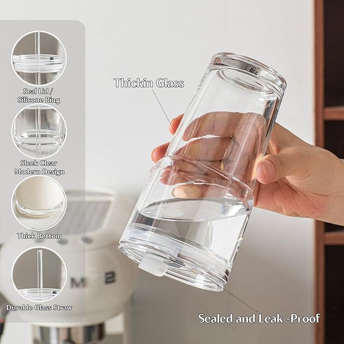 INSETLAN 20oz Clear Glass Cup with Lid and Glass Straw, Set of 2 Thickened Glass Coffee Tumblers, Drinking Glasses with Straw for Smoothie, Tea, Milk, Whiskey, Water and More – Elegant & Durable