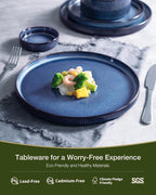 Famiware Star 24-Piece Plates and Bowls Set with Trim, Service for 8 - Stoneware Reactive Glaze Dinnerware, High Edge Ribbed Dishes, Chip & Scratch Resistant, Microwave & Dishwasher Safe, Nebulas Blue