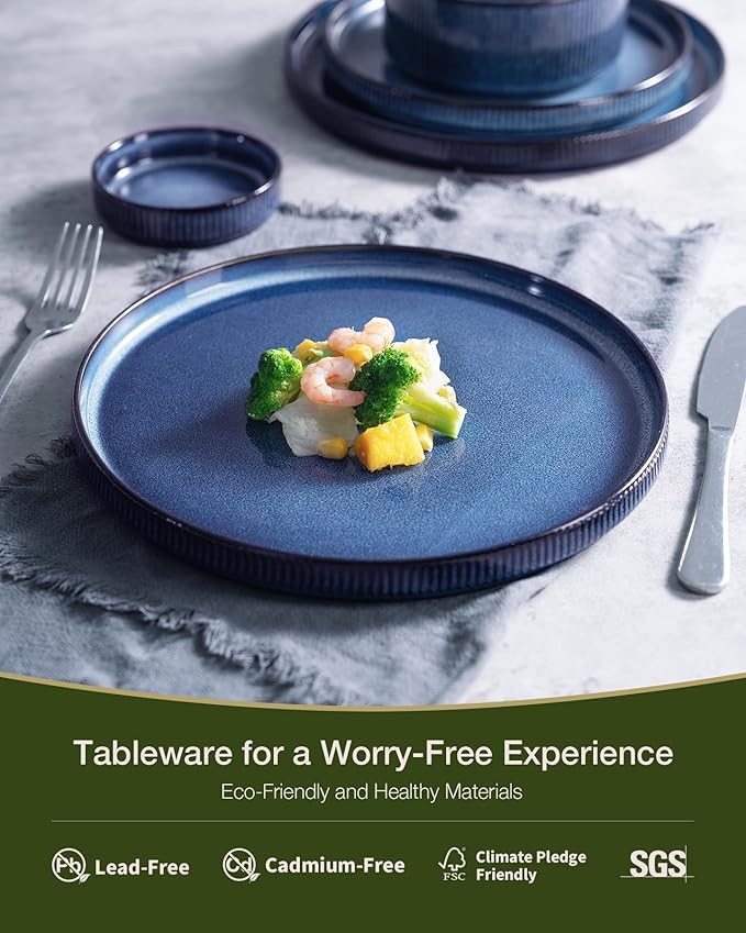 Famiware Star 18-Piece Reactive Glaze Plates and Bowls Sets, Service for 6 - Stoneware Dinnerware with Trim, Modern Rustic Dishes, Chip & Scratch Resistant, Microwave & Dishwasher Safe, Nebulas Blue