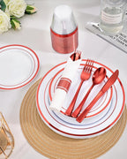 Goodluck 350 Piece Red Plastic Dinnerware Set for 50 Guests, Fancy Disposable Plates for Party, Include: 50 Dinner Plates, 50 Dessert Plates, 50 Pre Rolled Napkins with Silverware, 50 Cups