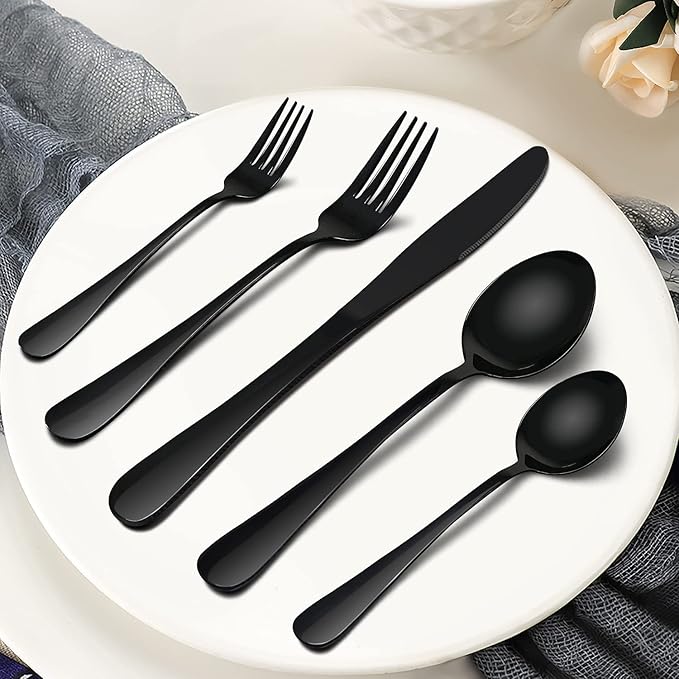 HaWare 24-Piece Silverware Set with Flatware Drawer Organizer, Stainless Steel Cutlery with 4 Steak Knives, Eating Utensils Service for 4, Mirror Polished, Dishwasher Safe-Black