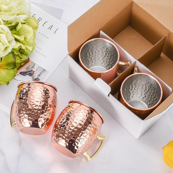 Amrules Moscow Mule Mugs Set of 4, 16 OZ Hammered Copper Cups with 304 Stainless Steel Lining and Gold Brass Handles, for Cold Drinks, Beer, Wine, Bars, Parties