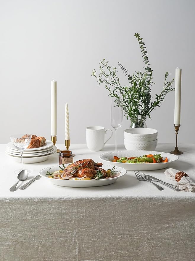 Kanwone Ceramic Large Serving Bowls, Oval Serving Platters for Entertaining, 13" Porcelain Serving Dishes for Dinner, Pasta, Salad, Turkey, Fruit, Bread, Appetizers, Microwave Safe, White, Set of 2