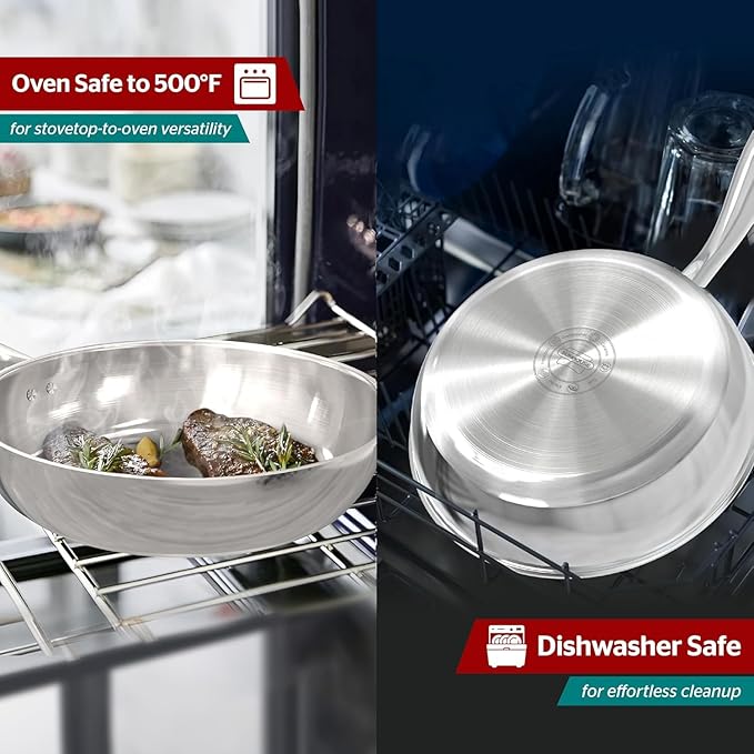 Sunhouse Tri-Ply Stainless Steel Pan, 8-Inch Frying Pan, Oven Safe Up to 500°F, Dishwasher Safe, Compatible with Induction, Electric, Gas Cooktops, Cool Handles Grip