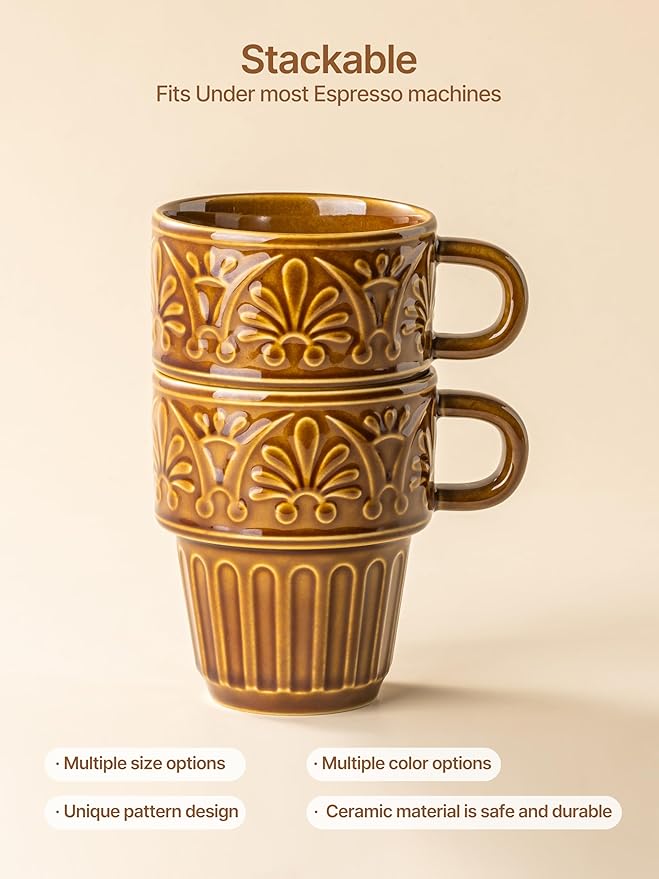 Espresso Cups Set of 6, Cappuccino Cups, Stackable Mug 6 OZ Ceramic Coffee Mug, Microwave & Dishwasher Safe, Tea Cocoa for Family Daily Use & Gathering, Great Gift for Any Special Occasion, Brown