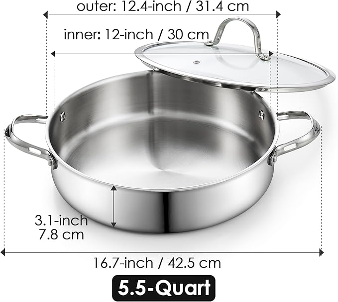 Cooks Standard 5.5-Quart Multi-Ply Clad Stainless Steel Deep Sauté Pan, 12-inch Frying Pan, Large Skillet with Lid Chef Induction Cookware, Stay-Cool Handle