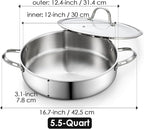 Cooks Standard 5.5-Quart Multi-Ply Clad Stainless Steel Deep Sauté Pan, 12-inch Frying Pan, Large Skillet with Lid Chef Induction Cookware, Stay-Cool Handle
