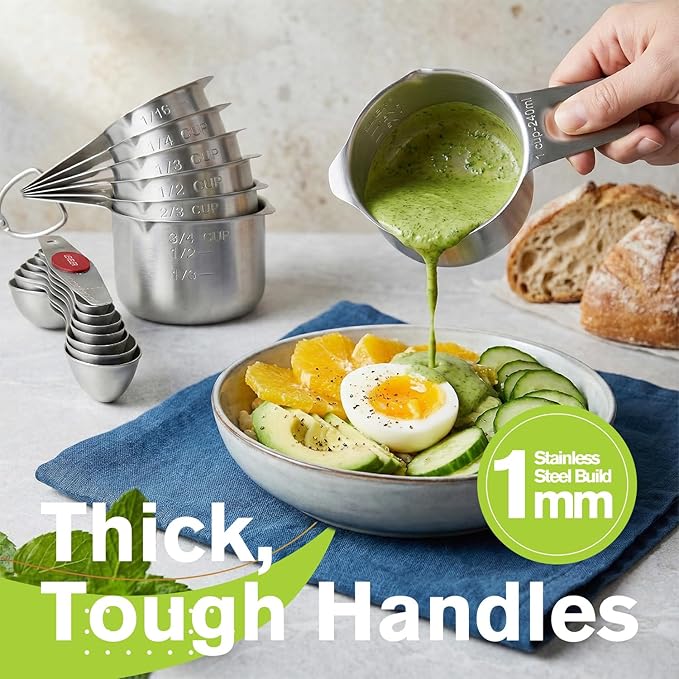 Measuring Cups and Spoons Set, 304 Stainless Steel Measuring Cups Set of 7,8 Magnetic Stainless Steel Measuring Spoons & 1 Leveler for for Measure Dry and Liquid Ingredients