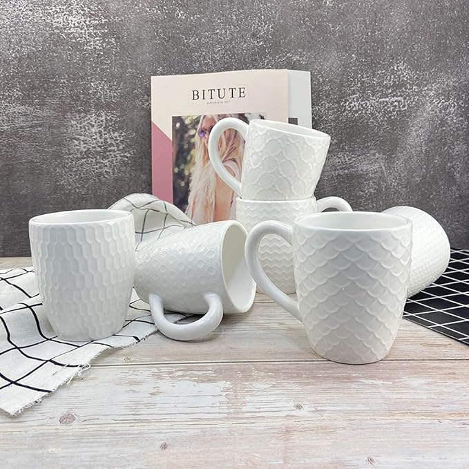 Schliersee 12 OZ White Ceramic Coffee Mugs Set of 6, Stylish Embossed Coffee Cups Set for Coffee, Tea, Milk, Cocoa, Cereal