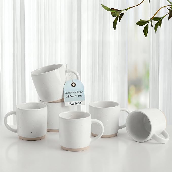 HaWare 13OZ Coffee Mugs Set of 6, Stoneware Coffee Cups, Ceramic Latte Mug for Man, Woman, Dad, Mom, Modern Tea Mugs for Latte/Cappuccino/Cocoa/Milk, Dishwasher& Microwave Safe, Speckled Milky White