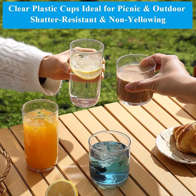 Berglander Drinking Glasses Set of 8, PET Clear Plastic Highball Glasses 14oz & Whiskey Cocktail Glasses Set 11.5oz, Heavy Duty Unbreakable Water Glasses Cup Tumbler Glassware for Beer, Juice, Milk